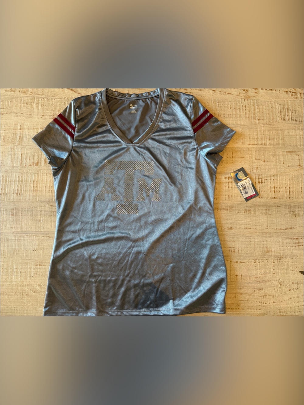 Girls' Short Sleeve Metallic Gray V-Neck Tee with Maroon Sleeve Stripes